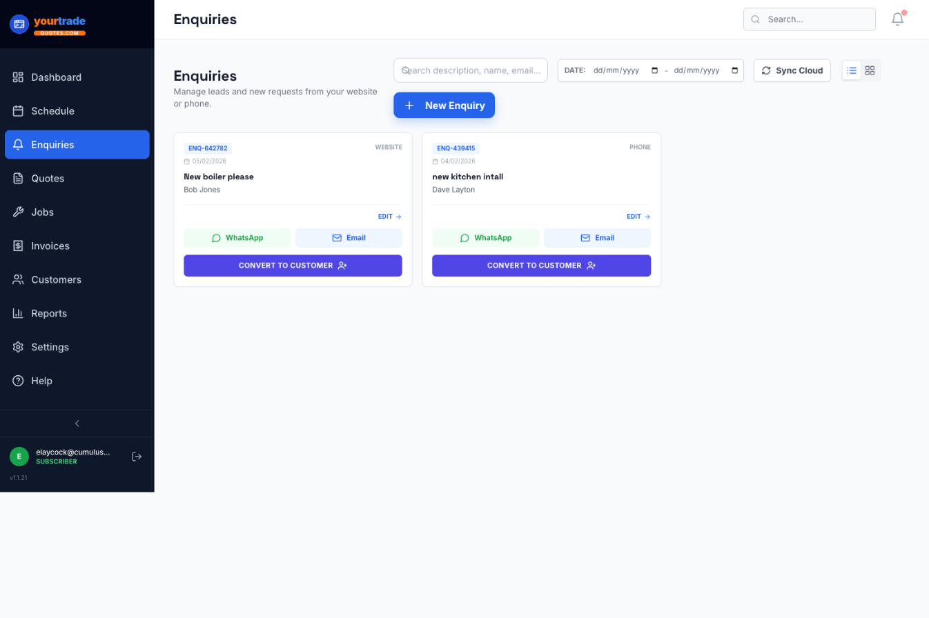 Handymen enquiries and customer records on desktop