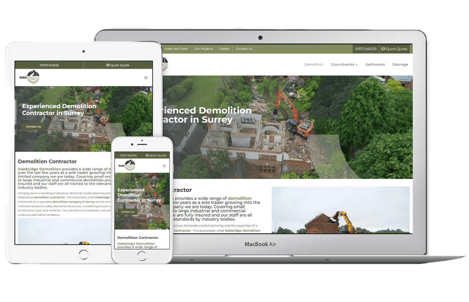 OakBridge Group website shown on MacBook, iPad and iPhone